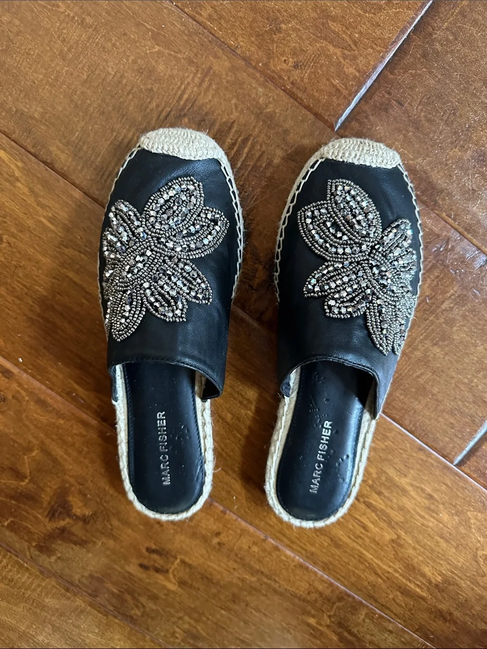 Mark Fisher 7.5 7 1/2 Leather Sparkle Black Leather Espadrille Slides Shoes